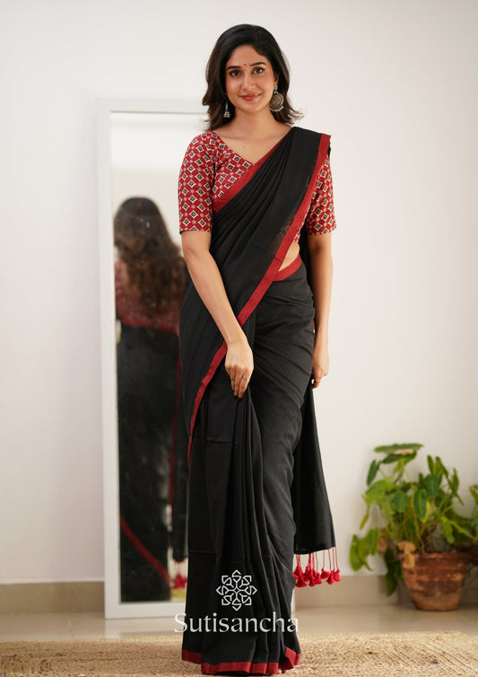 Dhiyona SS Sutisancha Black Handloom Cotton Saree With Designer Blouse