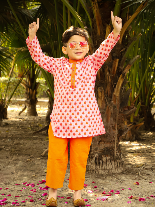 Boys stylish Folklore print cotton kurta with pyjama set