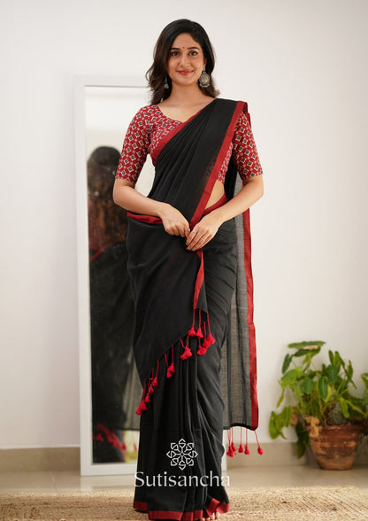Dhiyona SS Sutisancha Black Handloom Cotton Saree With Designer Blouse