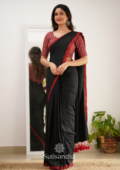 Dhiyona SS Sutisancha Black Handloom Cotton Saree With Designer Blouse