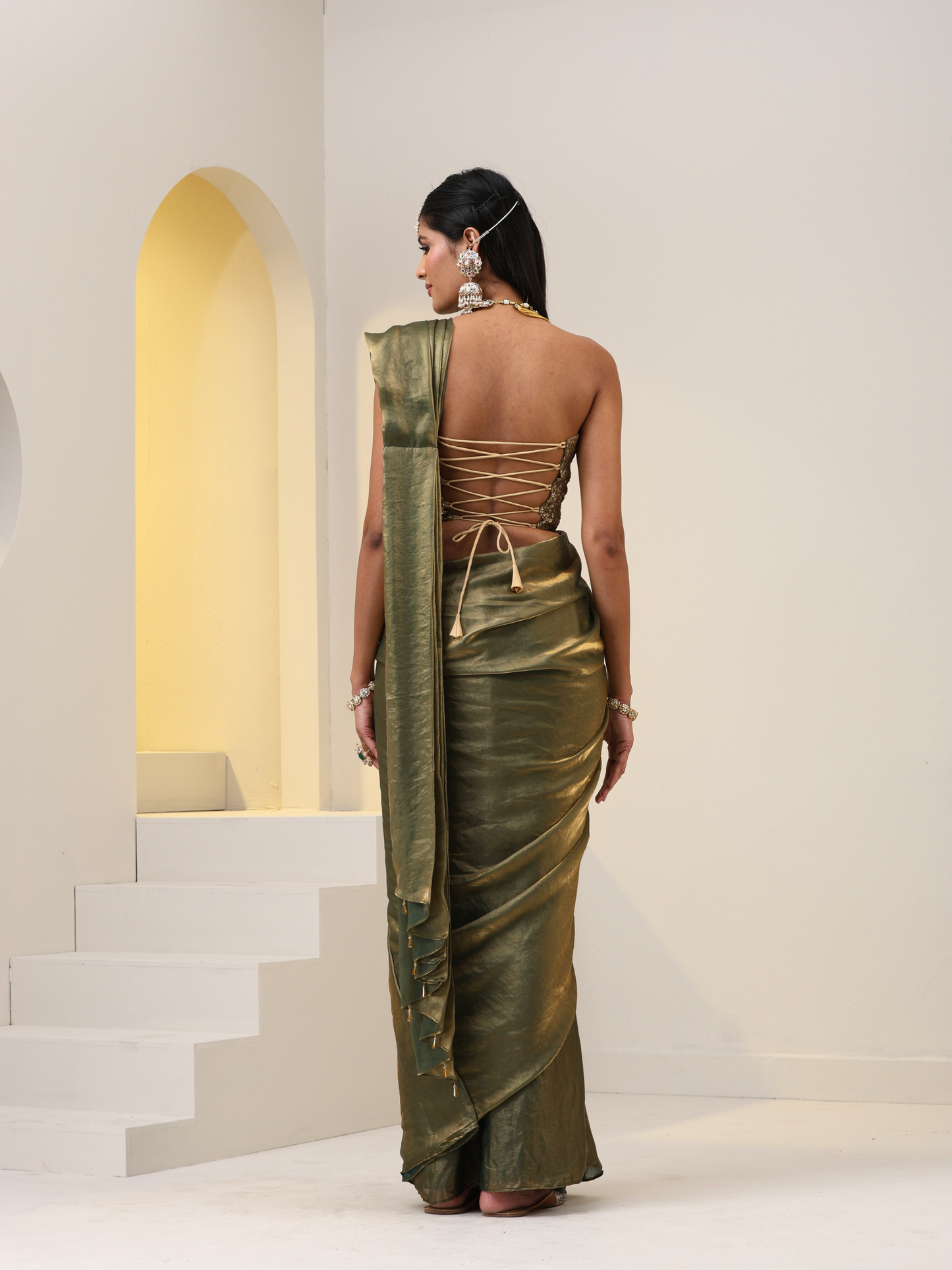 Dhiyona ST 2 pc SET - Copper Green Metallic Satin Pocket Skirt Saree with Gold Corset Blouse