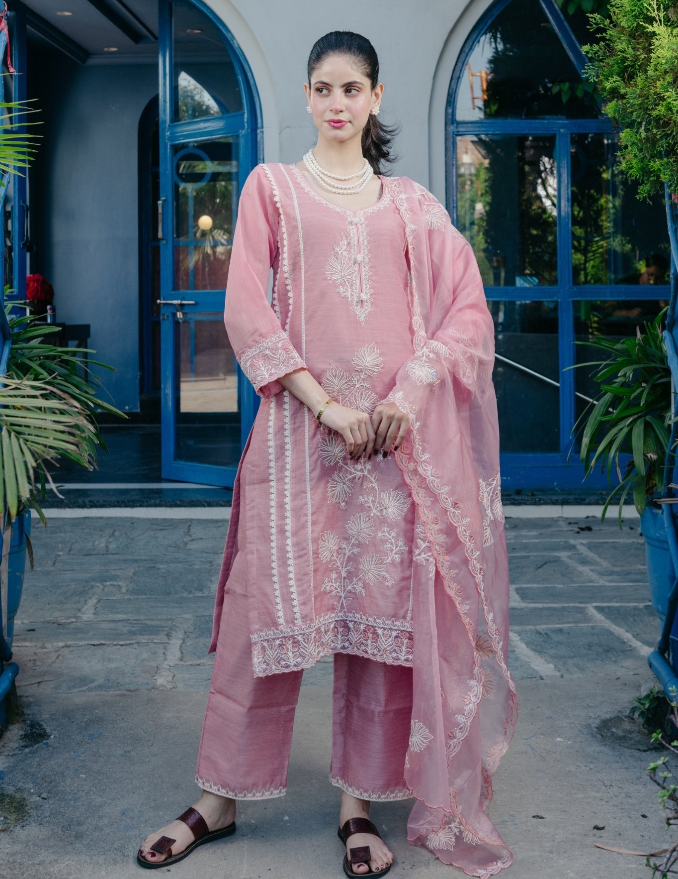 Ibadat chanderi  embroidered pink suit set