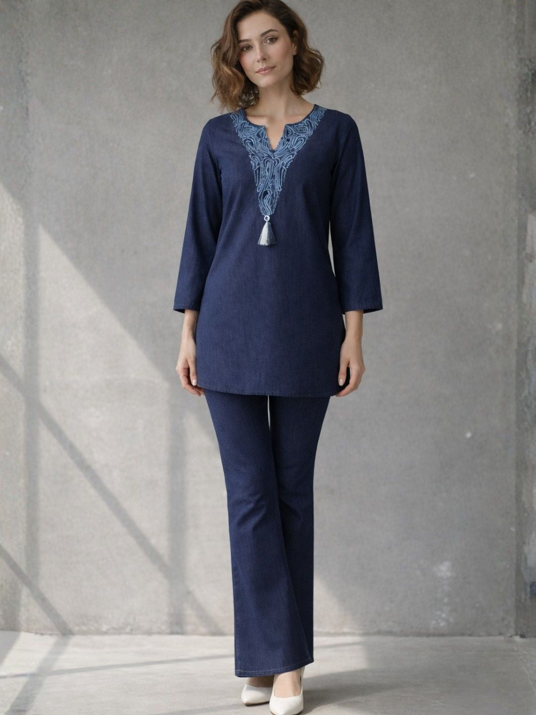Prisha lapis denim embroidery co-ord set