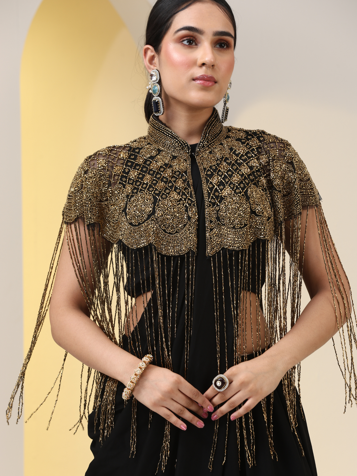 Dhiyona ST Beaded Black Cape with Long Sequins