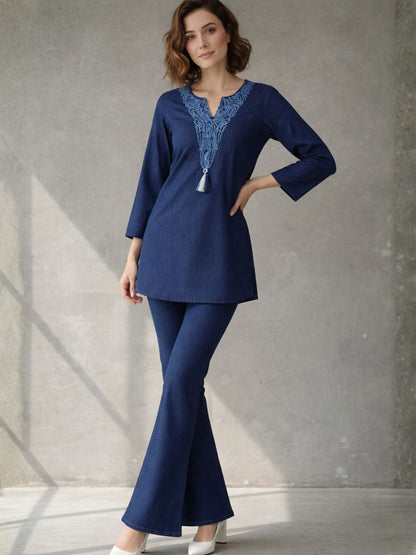 Prisha lapis denim embroidery co-ord set