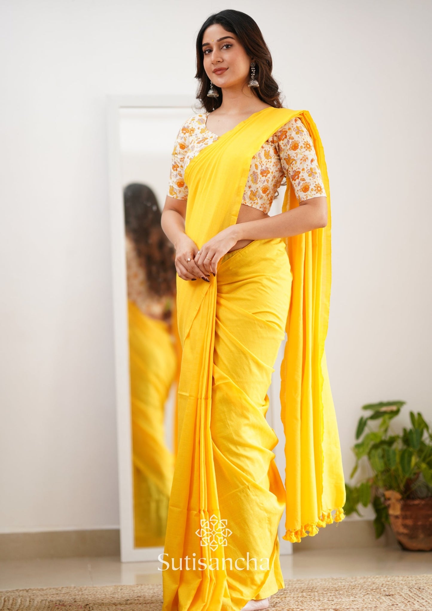 Dhiyona SS Sutisancha Yellow Handloom Cotton Saree With Designer Blouse