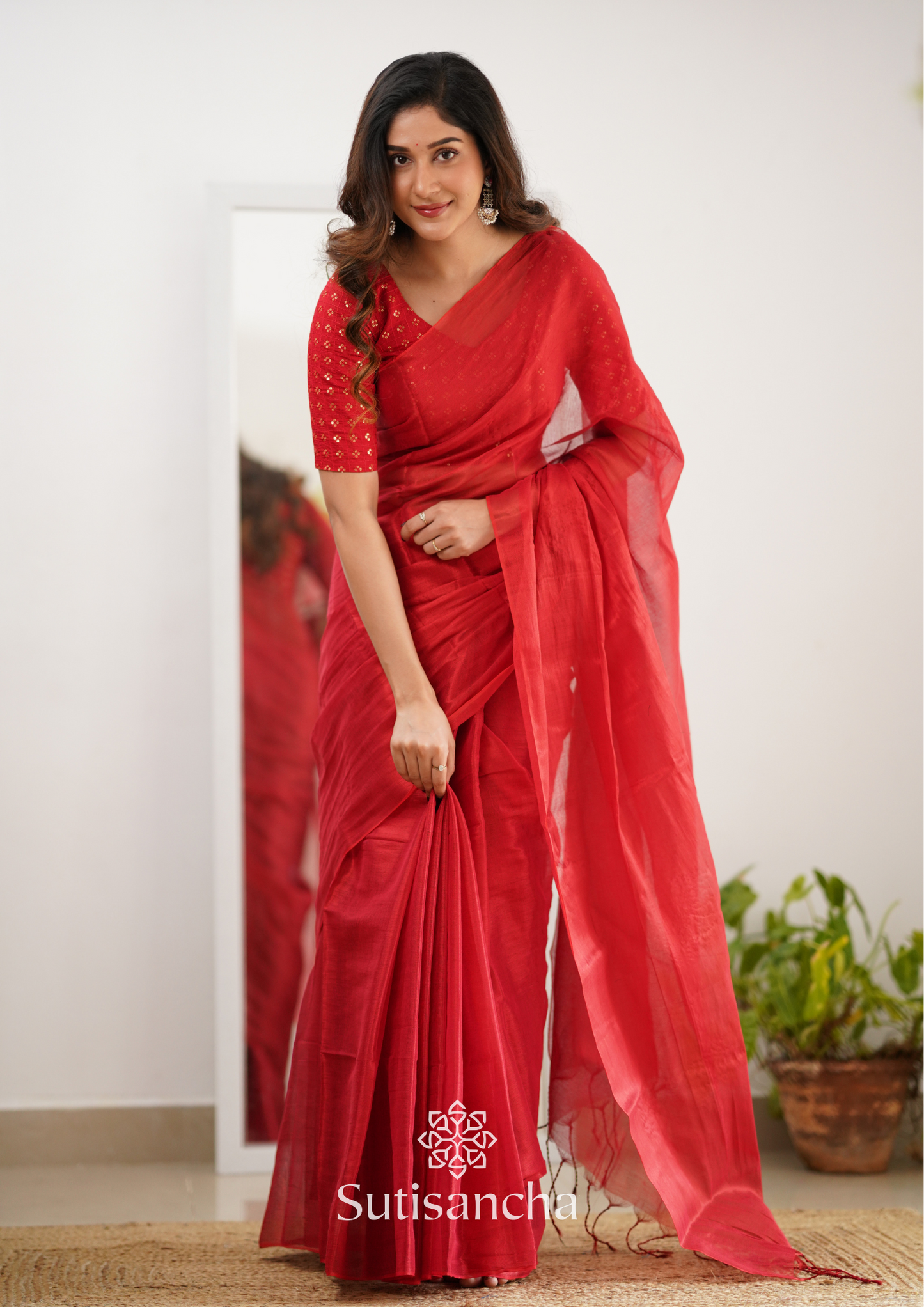 Dhiyona SS Sutisancha Red Handloom Tissue Saree With Designer Blouse