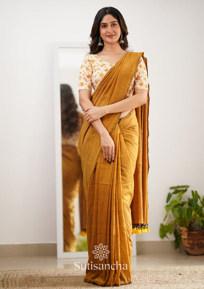 Dhiyona SS Sutisancha Mustard Handloom Cotton Saree With Designer Blouse