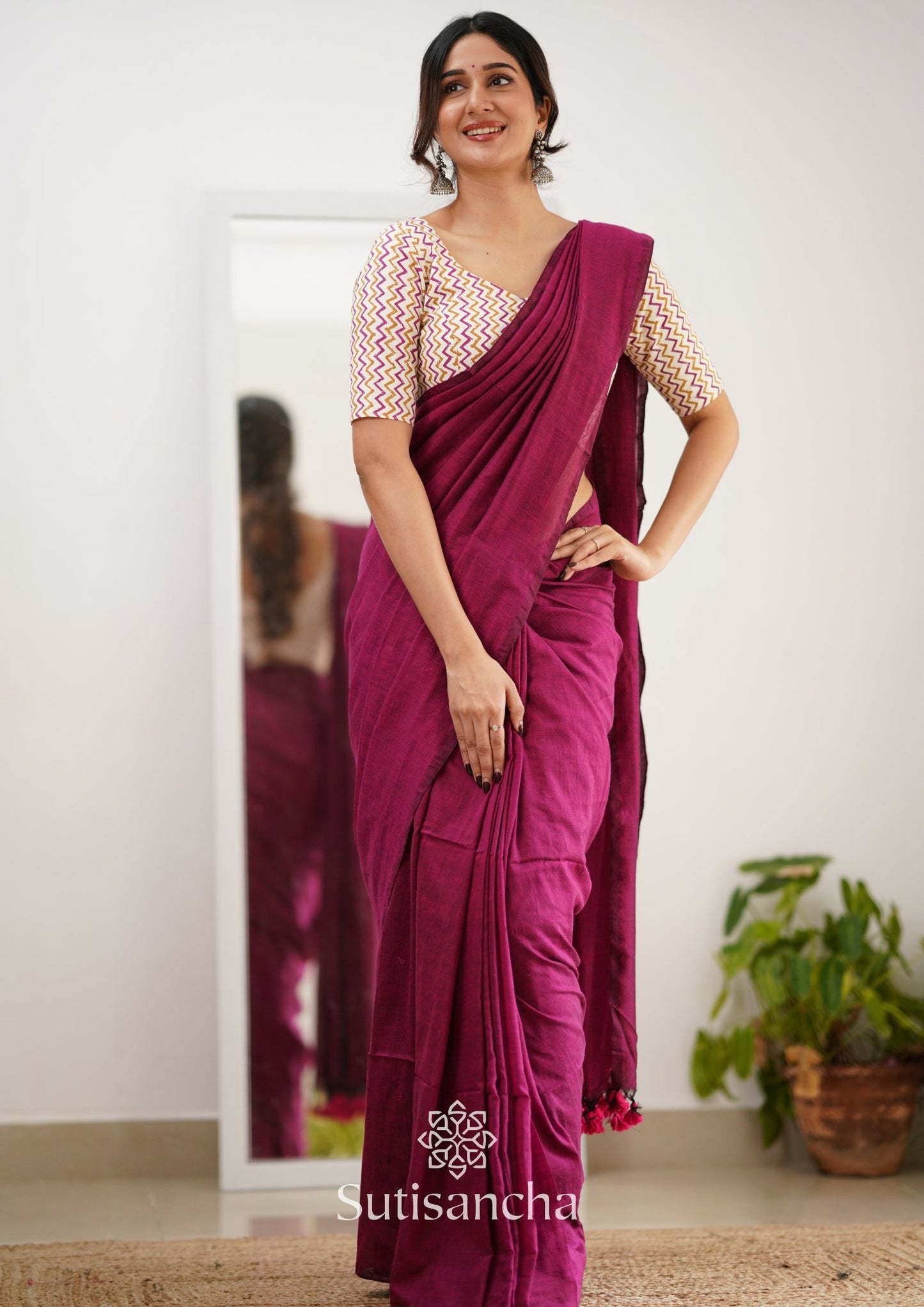 Dhiyona SS Sutisancha Queenpink Handloom Cotton Saree With Designer Blouse