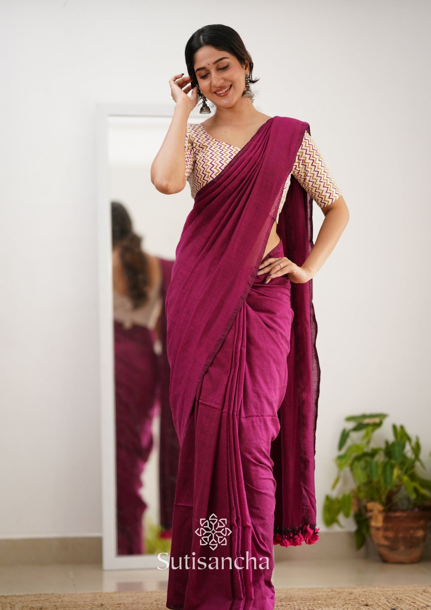 Dhiyona SS Sutisancha Queenpink Handloom Cotton Saree With Designer Blouse