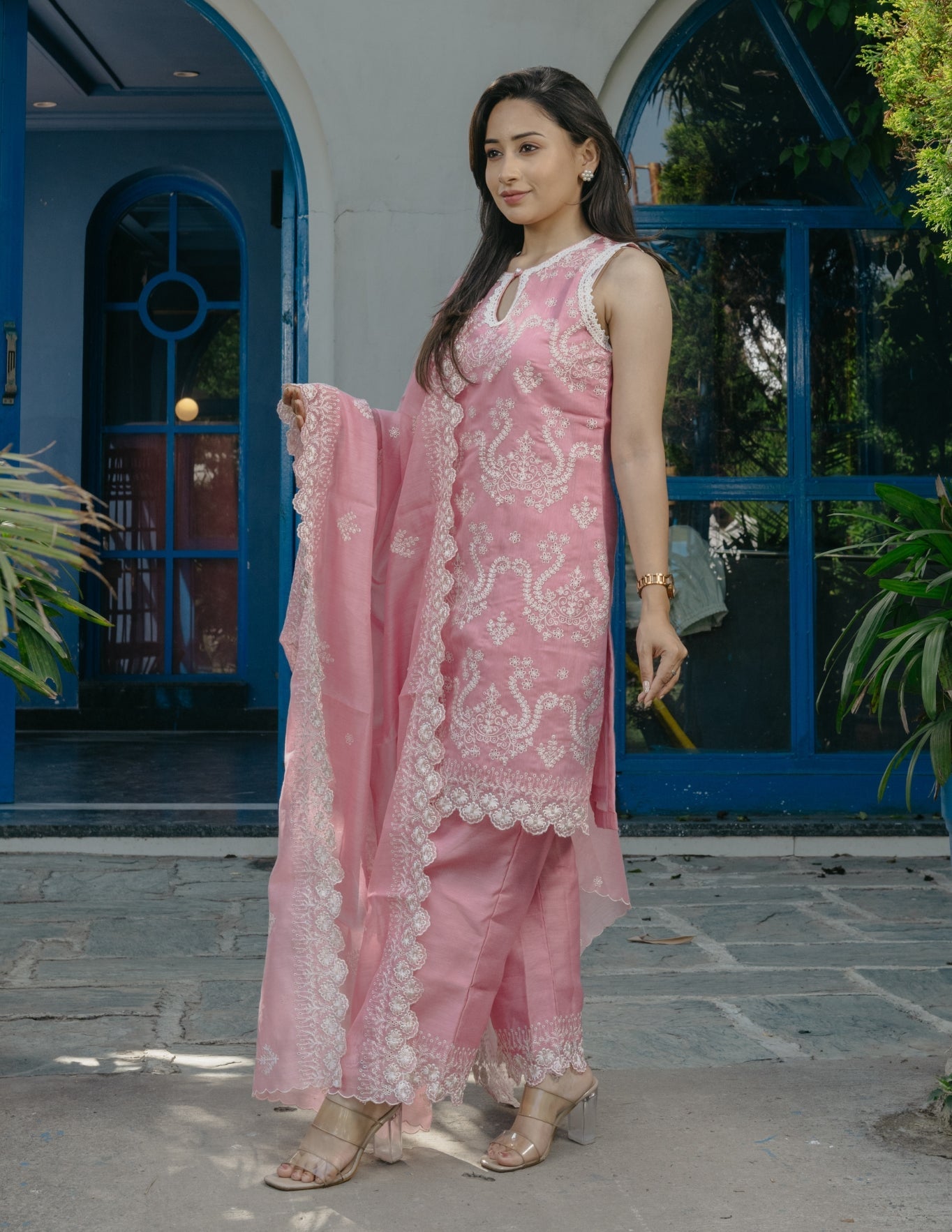 Smrti mul chanderi embroidered pink suit set