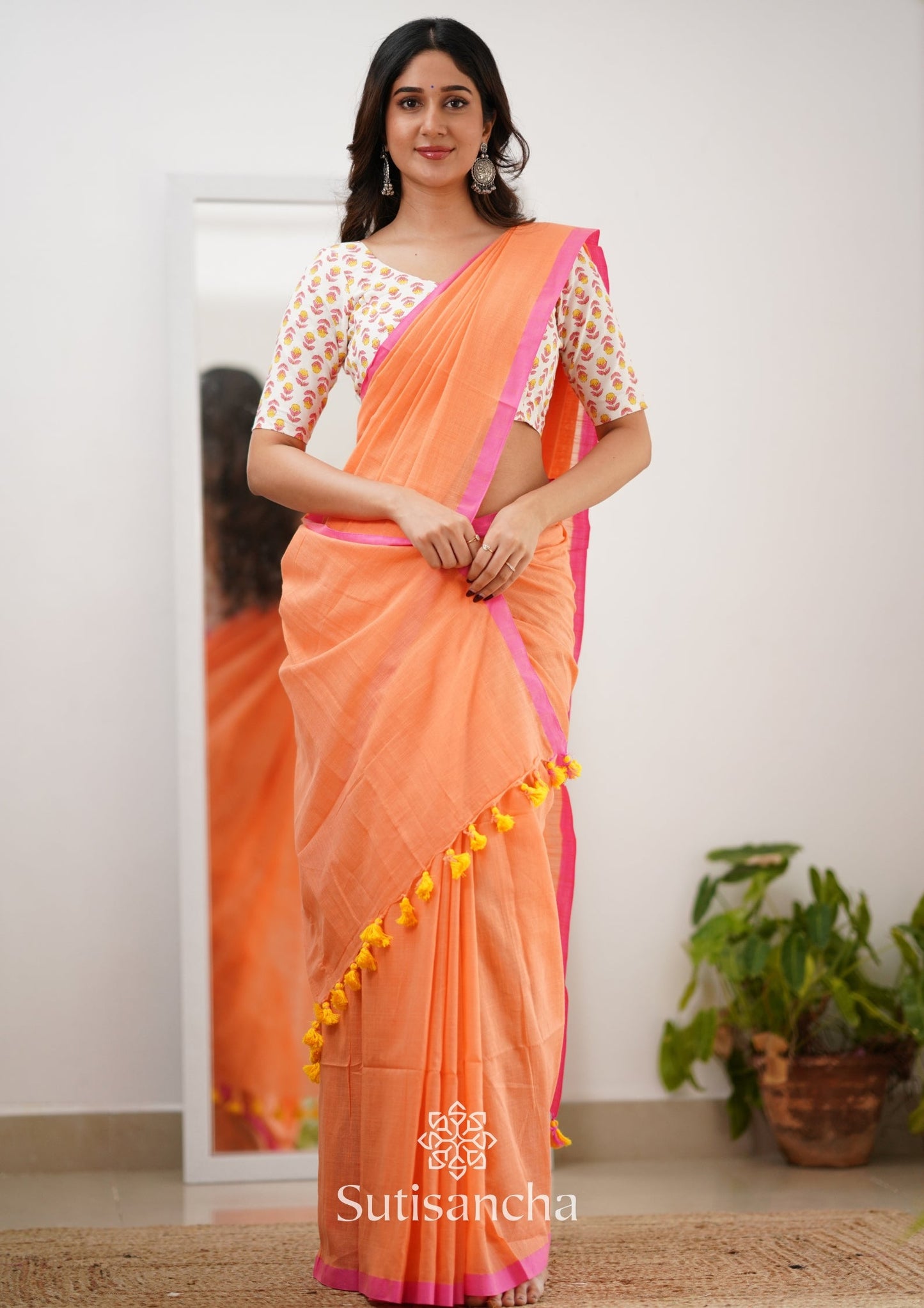 Dhiyona SS Sutisancha Peachpink Handloom Cotton Saree With Designer Blouse