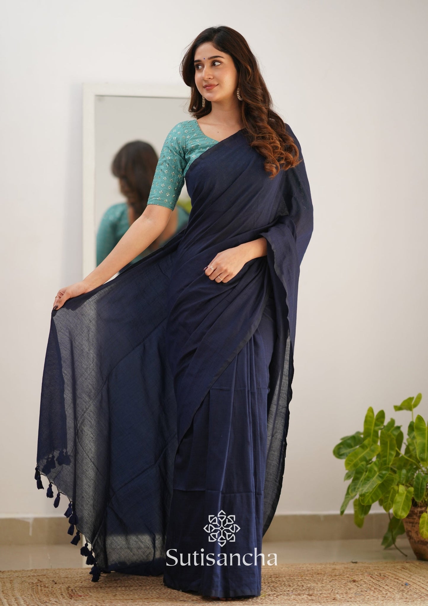 Dhiyona SS Sutisancha Navyblue Handloom Cotton Saree with Designer Blouse