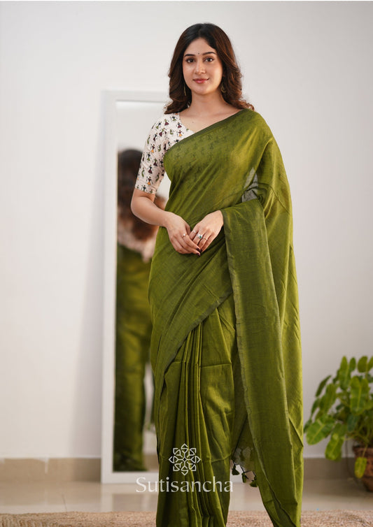 Dhiyona SS Sutisancha Mehndi Handloom Cotton Saree With Blouse