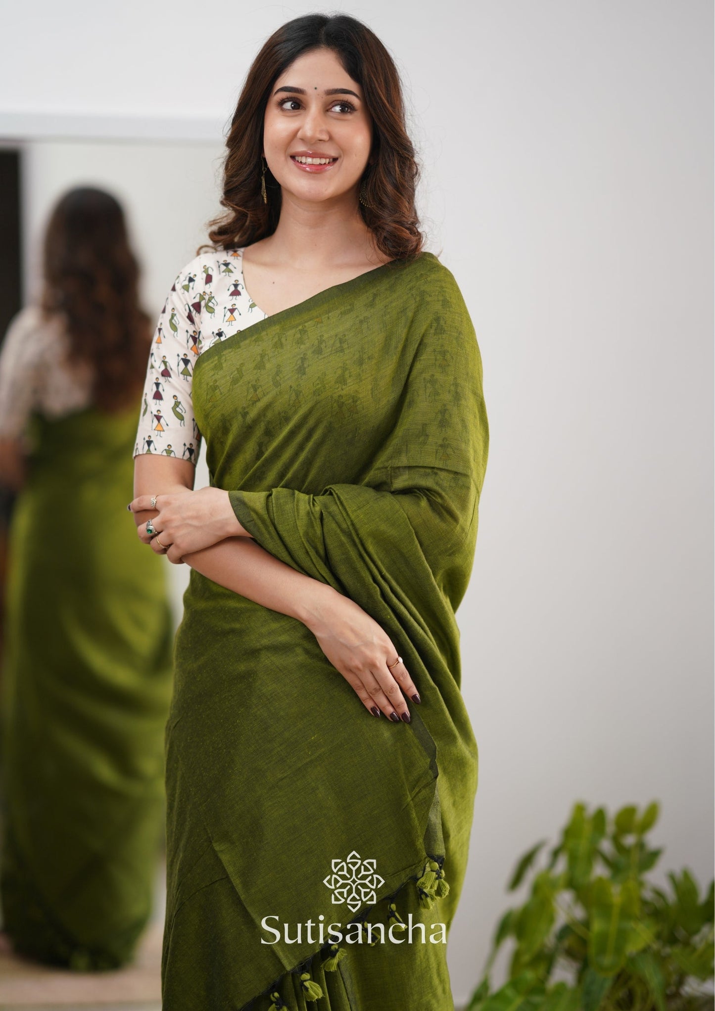Dhiyona SS Sutisancha Mehndi Handloom Cotton Saree With Blouse