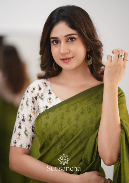 Dhiyona SS Sutisancha Mehndi Handloom Cotton Saree With Blouse
