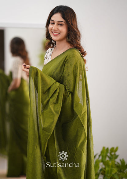 Dhiyona SS Sutisancha Mehndi Handloom Cotton Saree With Blouse