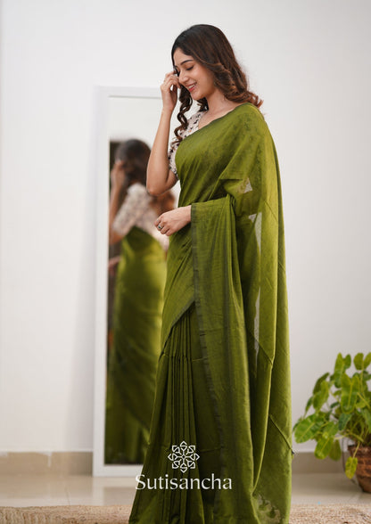 Dhiyona SS Sutisancha Mehndi Handloom Cotton Saree With Blouse
