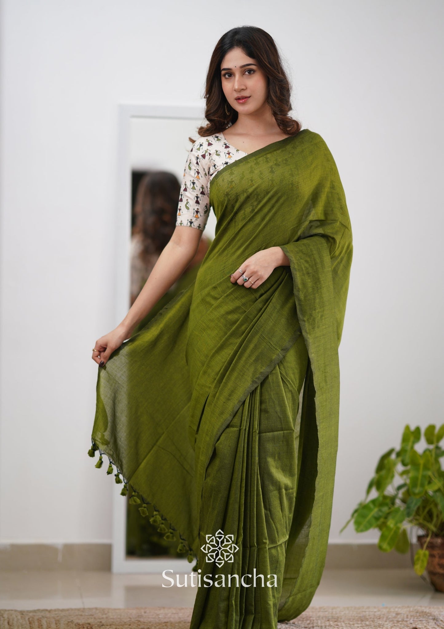 Dhiyona SS Sutisancha Mehndi Handloom Cotton Saree With Blouse