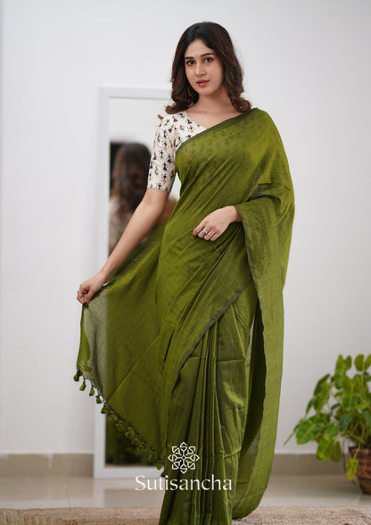 Dhiyona SS Sutisancha Mehndi Handloom Cotton Saree With Blouse