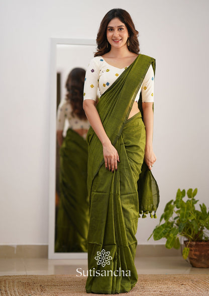 Dhiyona SS Sutisancha Mehndi Handloom Cotton Saree With Blouse