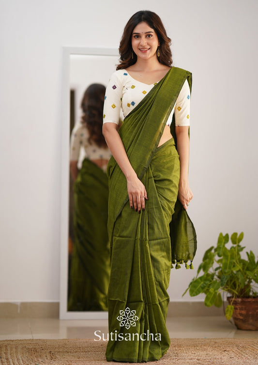 Dhiyona SS Sutisancha Mehndi Handloom Cotton Saree With Blouse