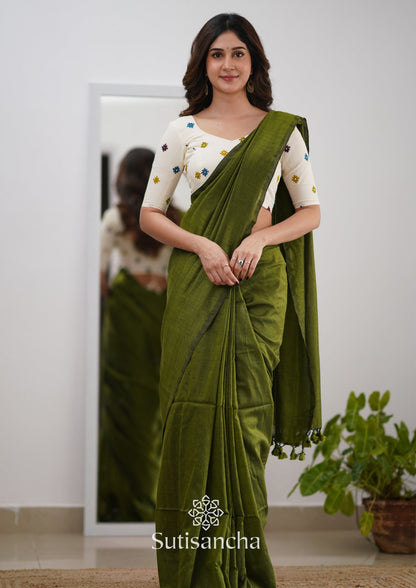 Dhiyona SS Sutisancha Mehndi Handloom Cotton Saree With Blouse