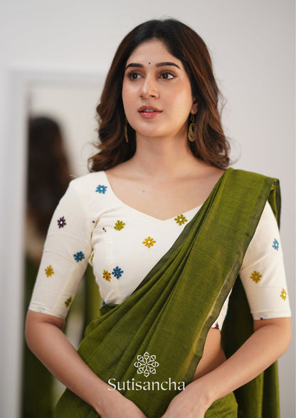 Dhiyona SS Sutisancha Mehndi Handloom Cotton Saree With Blouse