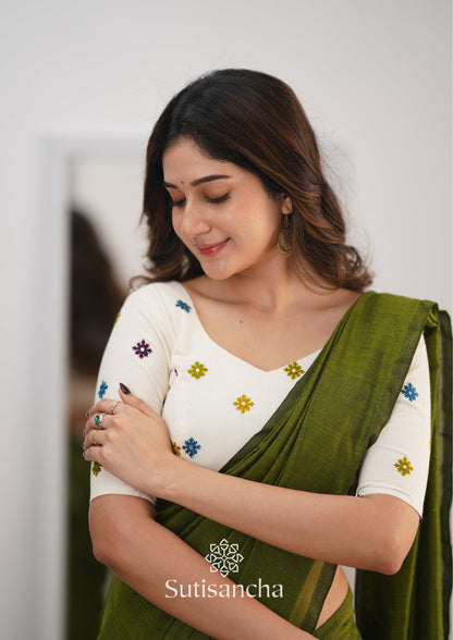 Dhiyona SS Sutisancha Mehndi Handloom Cotton Saree With Blouse