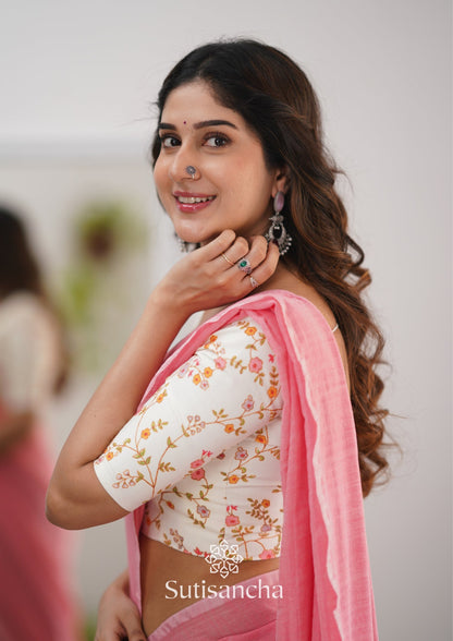 Dhiyona SS Sutisancha Peach Handloom Cotton Saree With Designer Blouse
