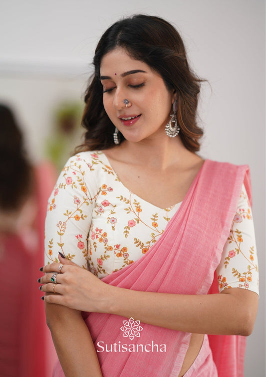 Dhiyona SS Sutisancha Peach Handloom Cotton Saree With Designer Blouse