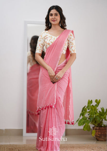 Dhiyona SS Sutisancha Peach Handloom Cotton Saree With Designer Blouse