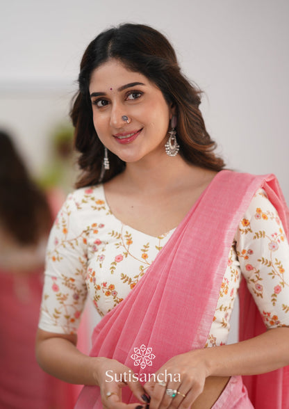 Dhiyona SS Sutisancha Peach Handloom Cotton Saree With Designer Blouse