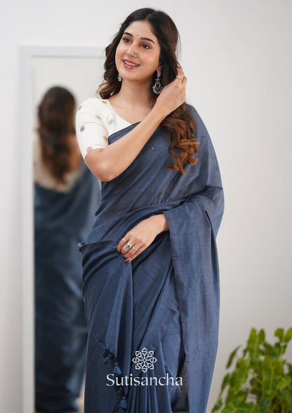 Dhiyona SS Sutisancha Grey Handloom Cotton Saree With Designer Blouse