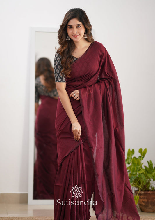 Dhiyona SS Sutisancha Maroon Handloom Cotton Saree Saree With Designer Blouse