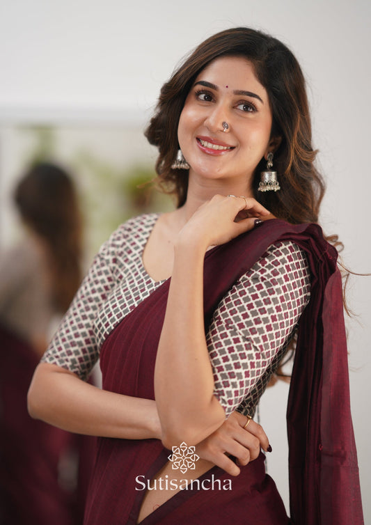 Dhiyona SS Sutisancha Maroon Handloom Cotton Saree Saree With Designer Blouse
