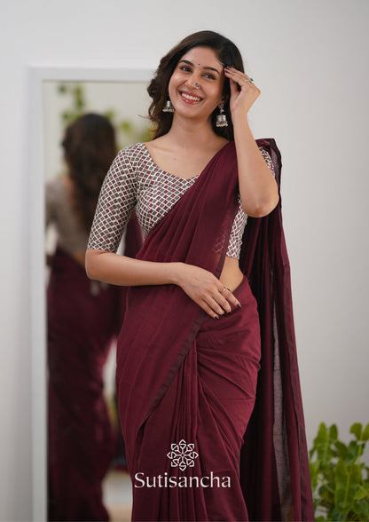 Dhiyona SS Sutisancha Maroon Handloom Cotton Saree Saree With Designer Blouse