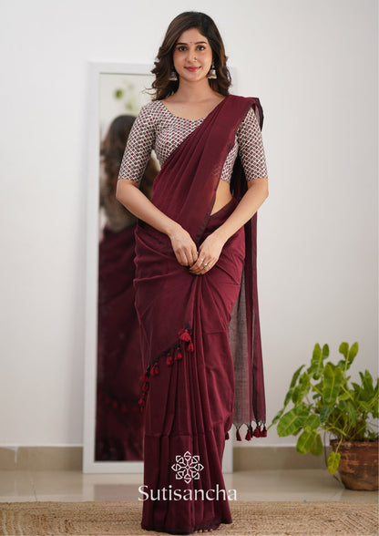 Dhiyona SS Sutisancha Maroon Handloom Cotton Saree Saree With Designer Blouse