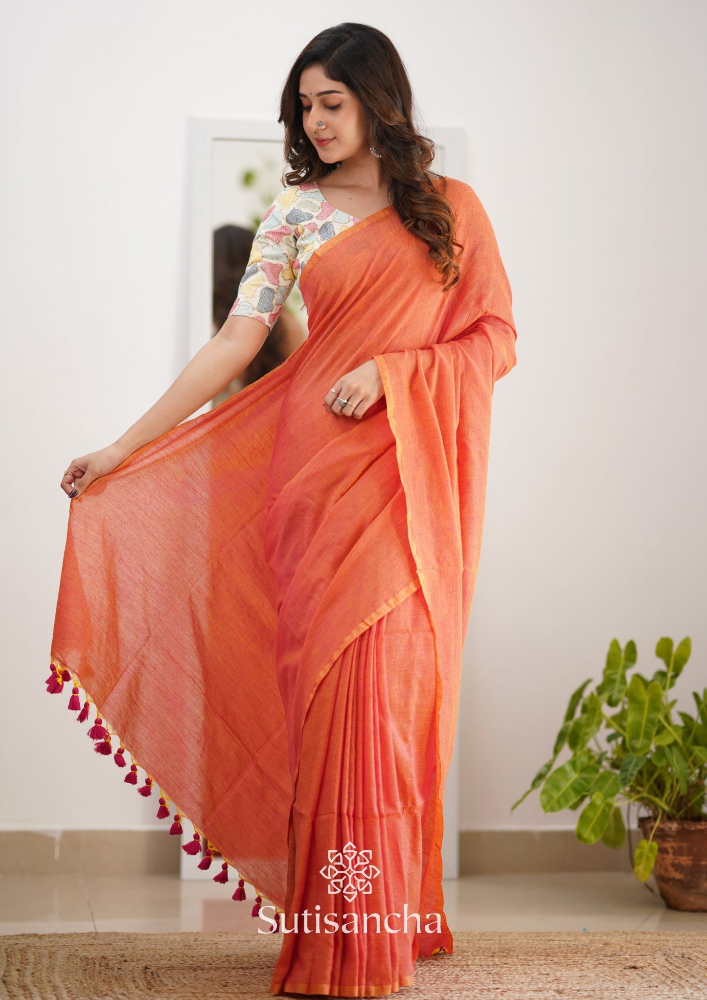 Dhiyona SS Sutisancha Peach Handloom Cotton Saree with Designer Blouse