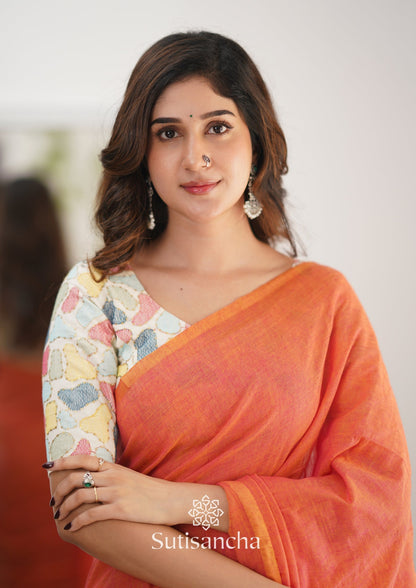 Dhiyona SS Sutisancha Peach Handloom Cotton Saree with Designer Blouse