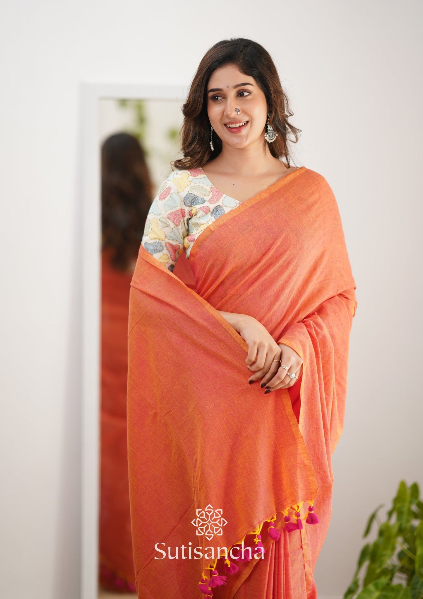 Dhiyona SS Sutisancha Peach Handloom Cotton Saree with Designer Blouse