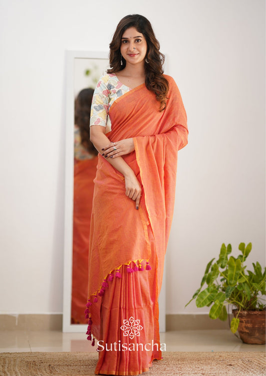 Dhiyona SS Sutisancha Peach Handloom Cotton Saree with Designer Blouse