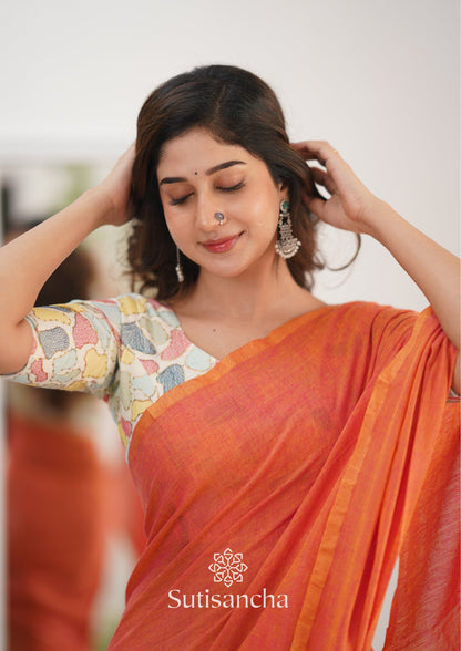Dhiyona SS Sutisancha Peach Handloom Cotton Saree with Designer Blouse