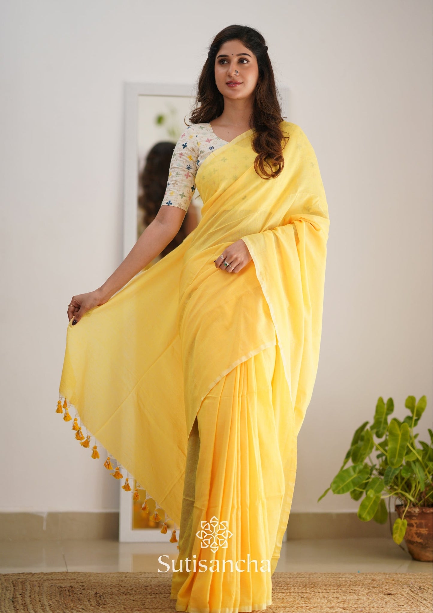 Dhiyona SS Sutisancha Yellow Handloom Cotton Saree with Designer Blouse