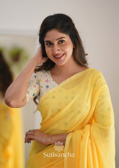 Dhiyona SS Sutisancha Yellow Handloom Cotton Saree with Designer Blouse