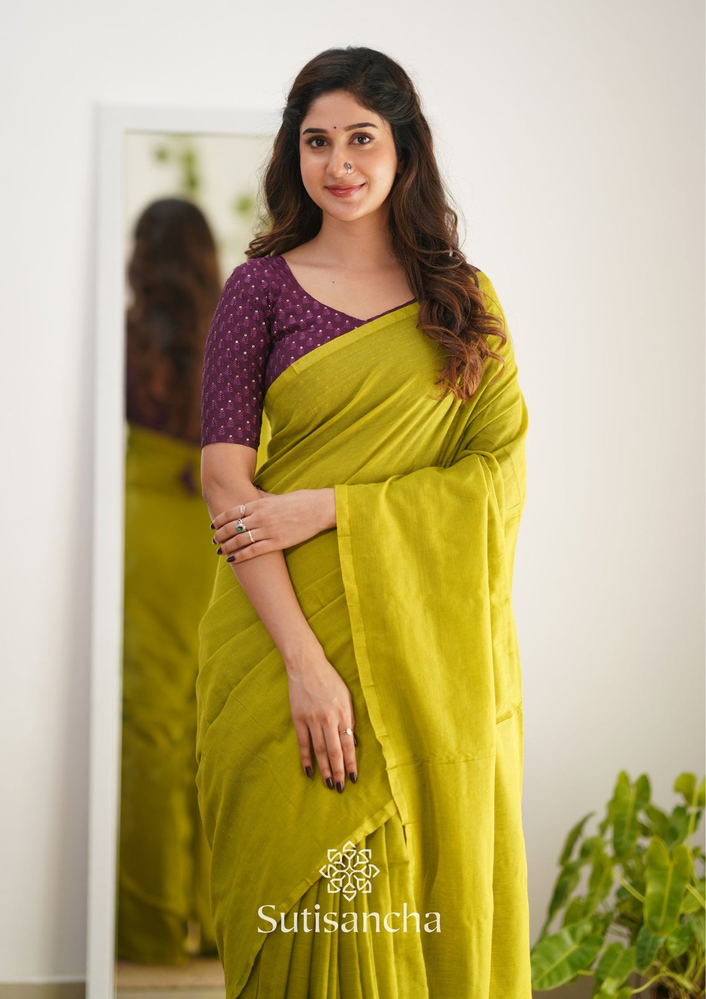 Dhiyona SS Sutisancha Lime colour Handloom Cotton Saree with Designer Blouse