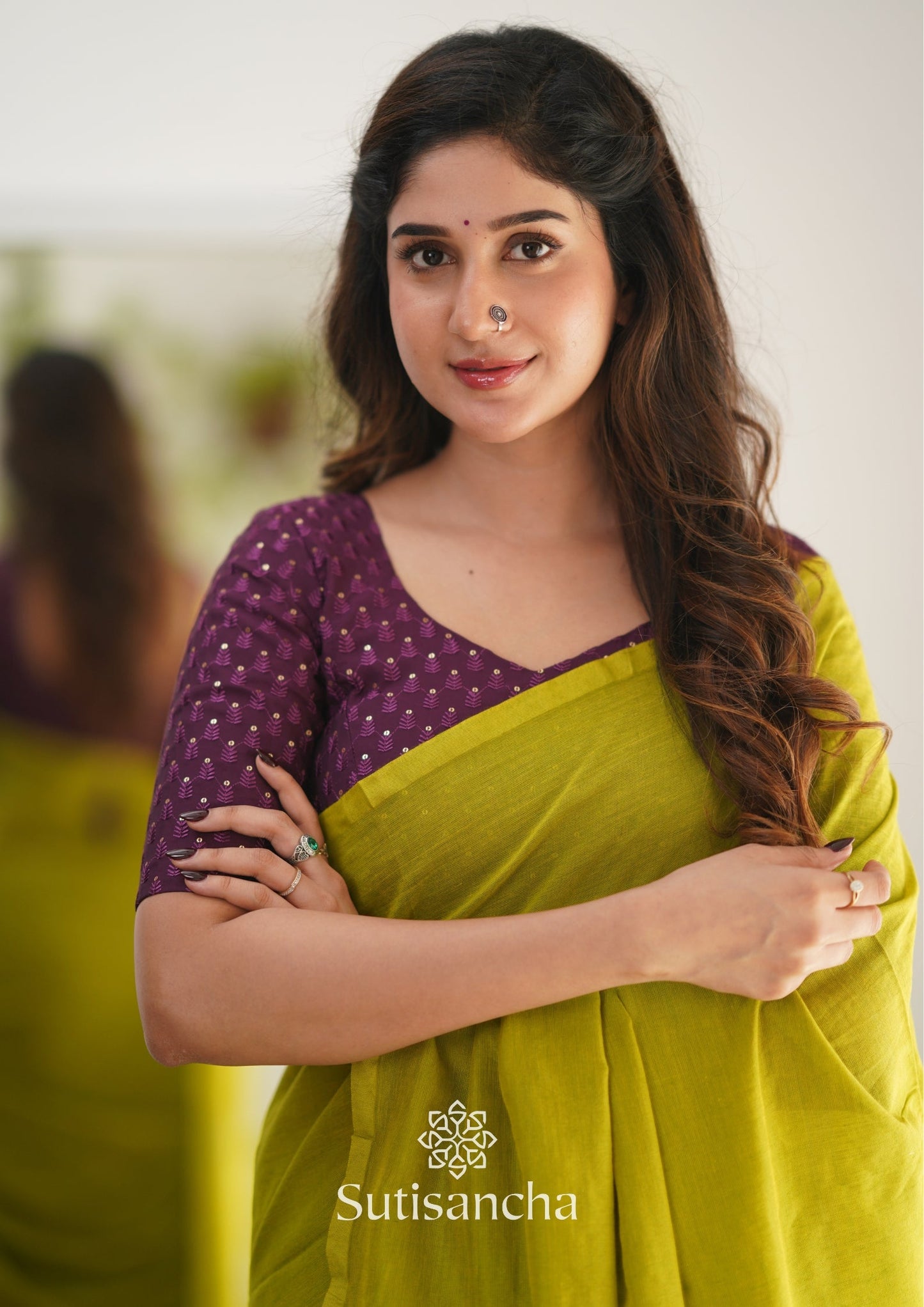 Dhiyona SS Sutisancha Lime colour Handloom Cotton Saree with Designer Blouse