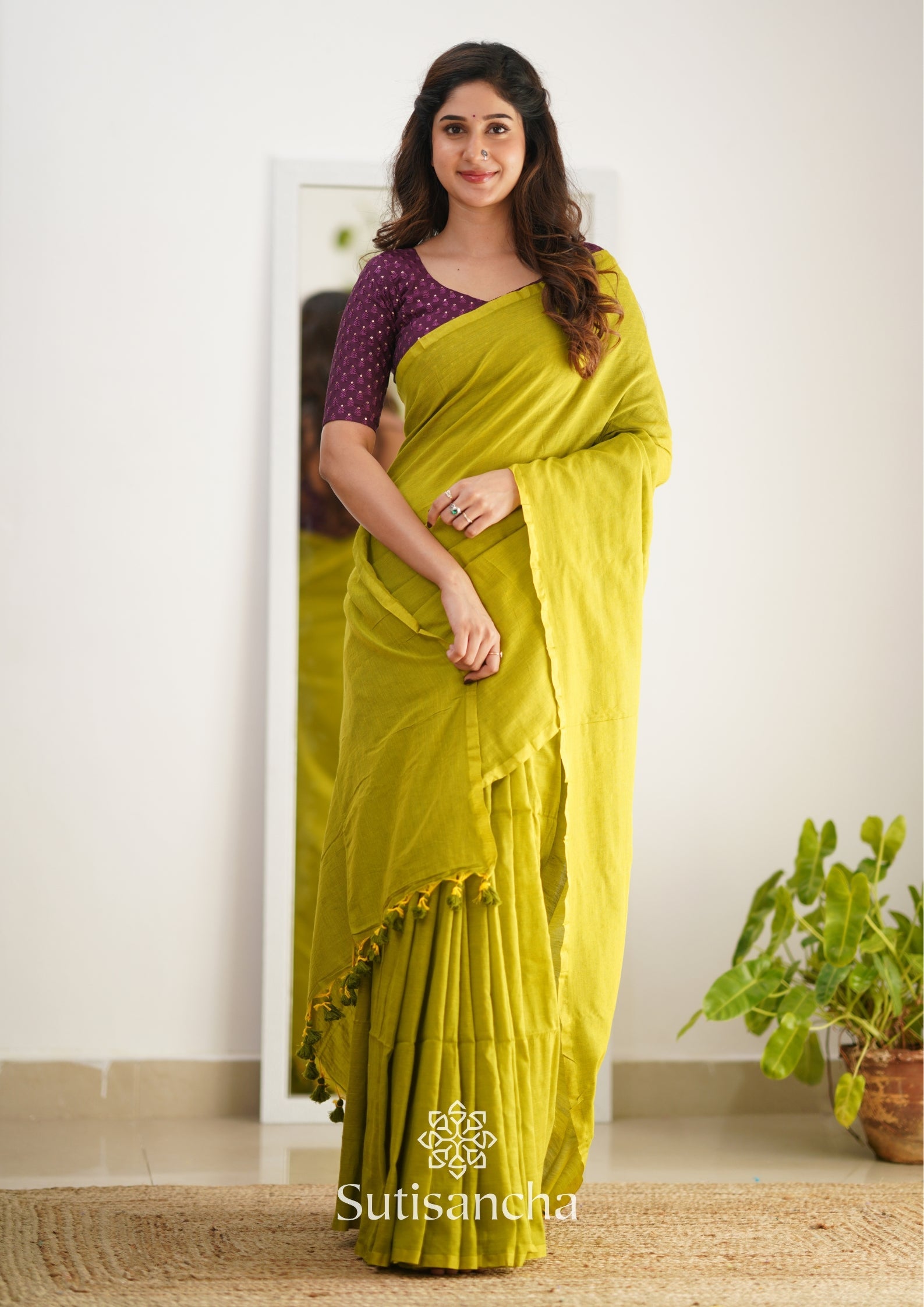Dhiyona SS Sutisancha Lime colour Handloom Cotton Saree with Designer Blouse
