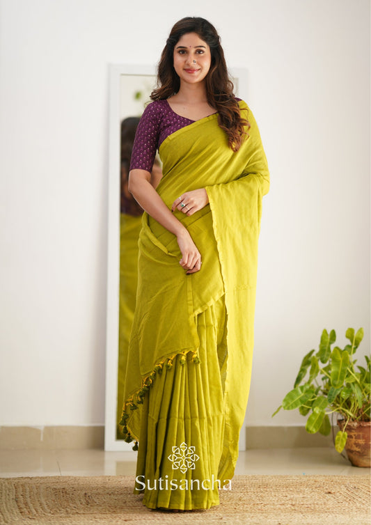 Dhiyona SS Sutisancha Lime colour Handloom Cotton Saree with Designer Blouse