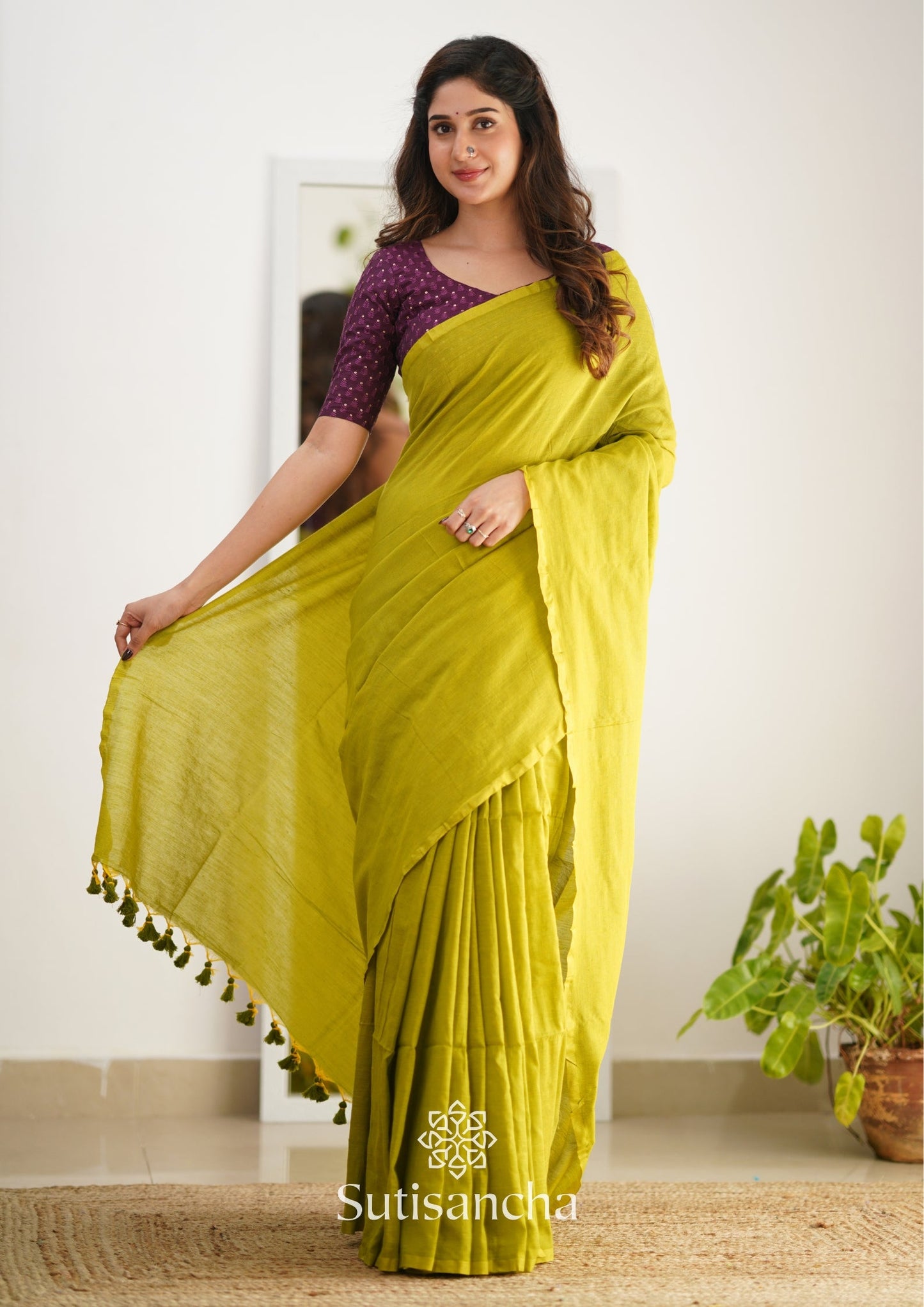 Dhiyona SS Sutisancha Lime colour Handloom Cotton Saree with Designer Blouse
